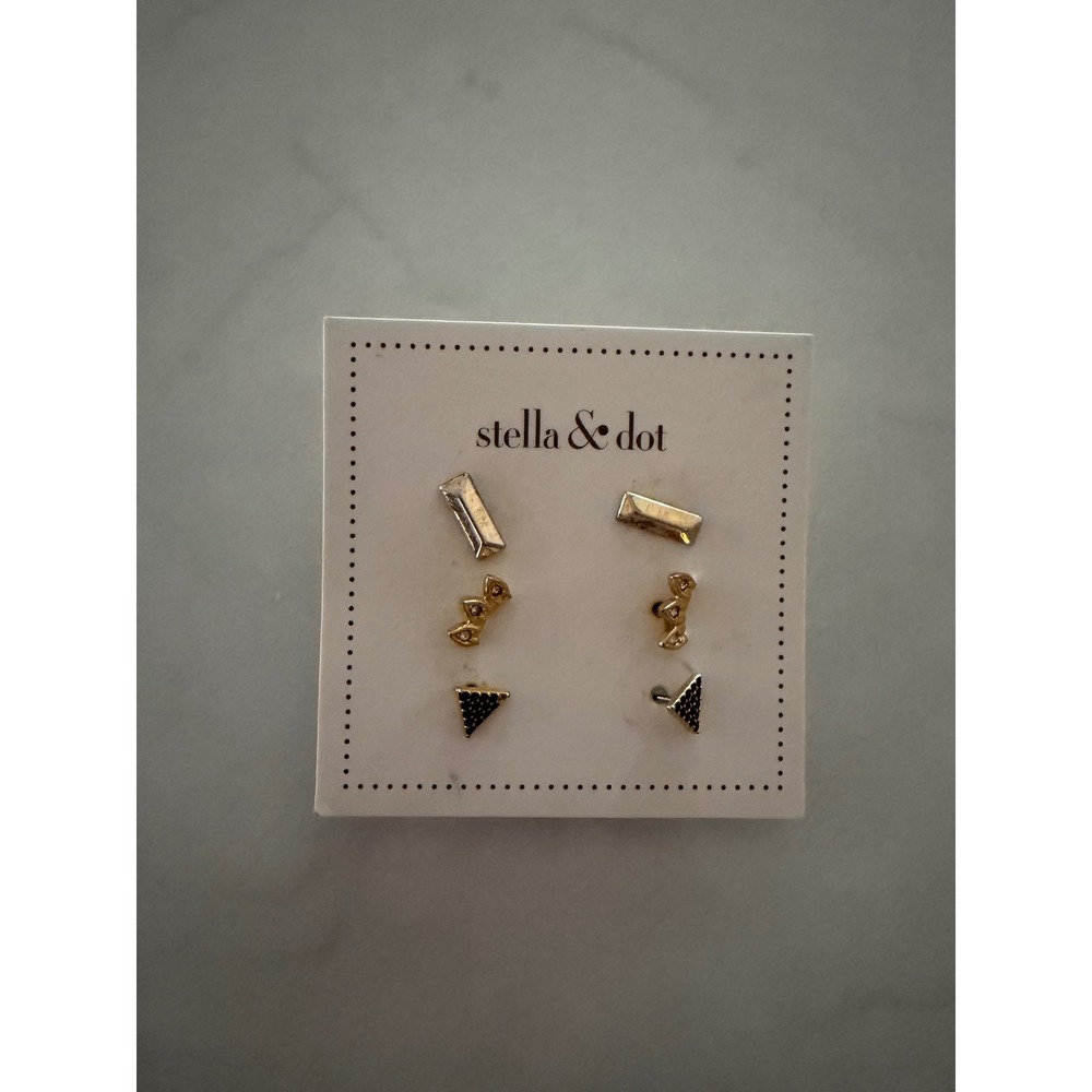 Stella & Dot Stud Earring Set Gold‎ Tone Geometric Bar Chevron Triangle 3 Pairs